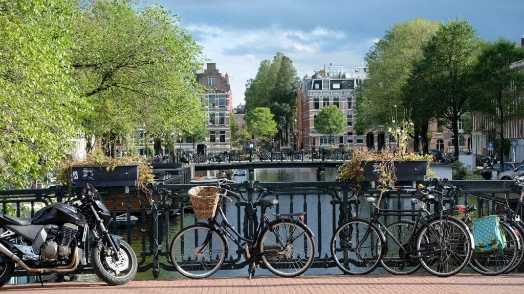 A picture of bikes overlooking a canal