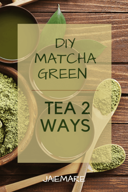 Matcha green tea powder and tea sitting on a table.